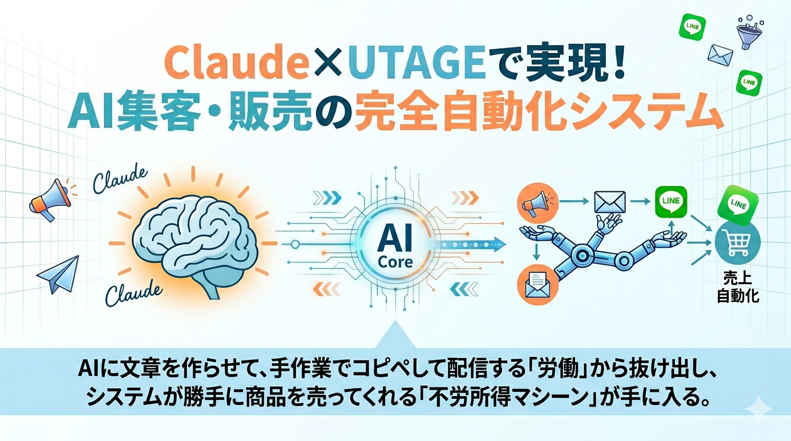 ClaudeとUTAGEを連携させたAI集客・販売の完全自動化システムを図解したブログ記事のアイキャッチ画像
